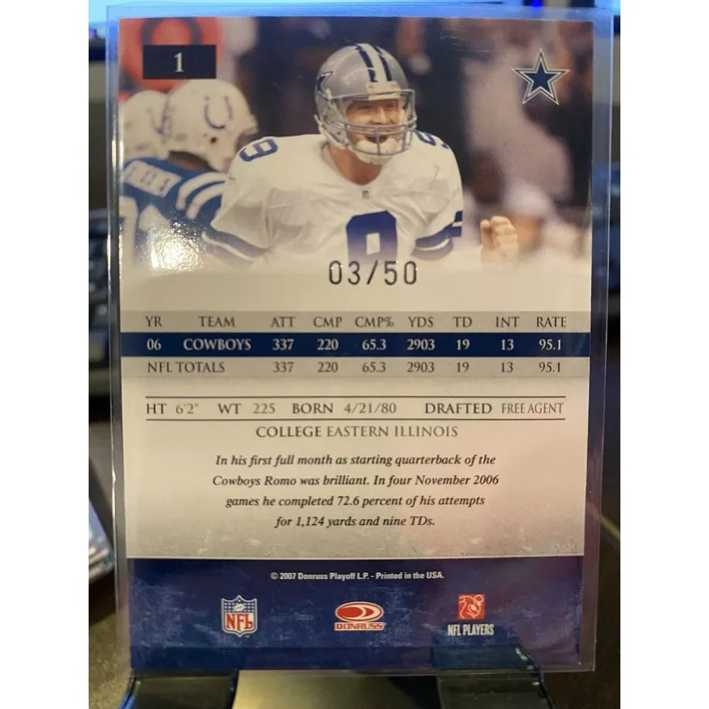 2007 Donruss Gridiron Gear Tony Romo Platinum Parallel 3/50 Dallas‎ Cowboys